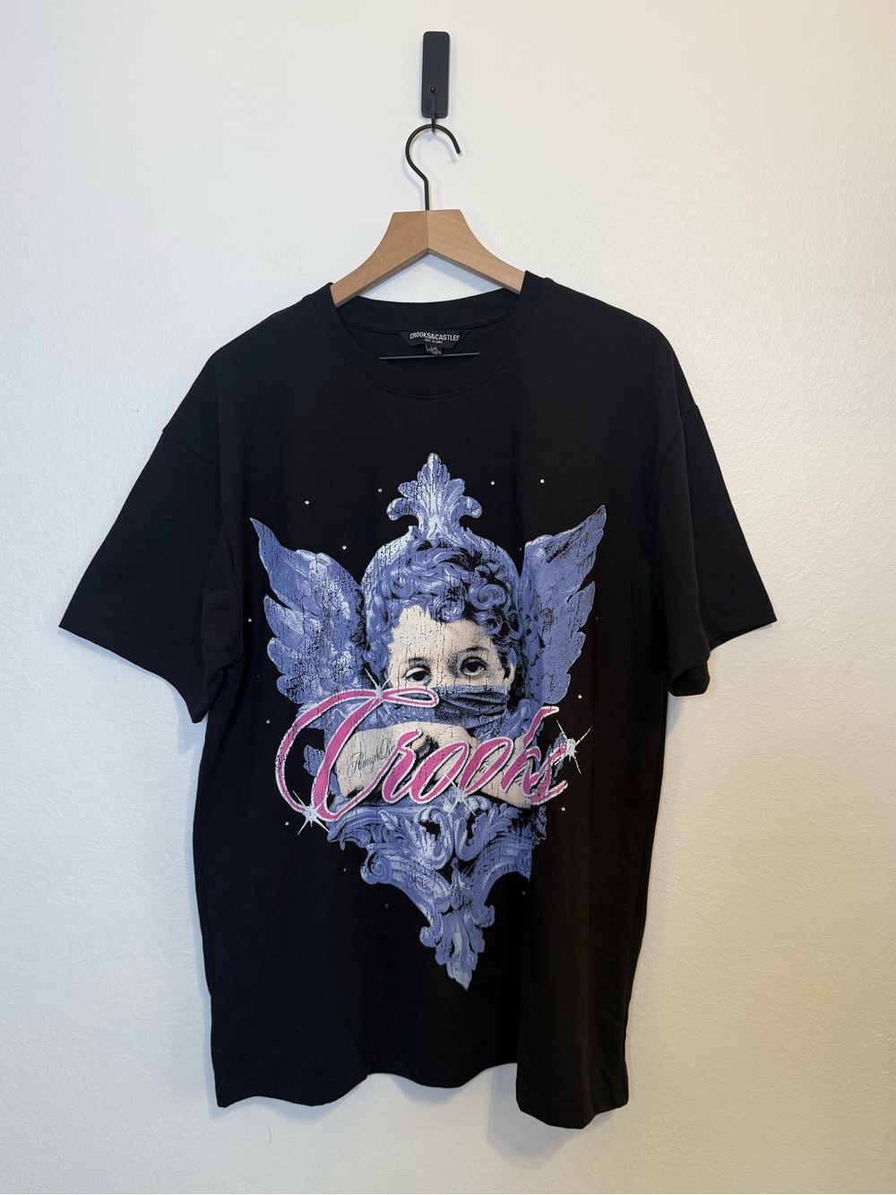 CROOKS & CASTLES Black Graphic Tee with Purple Cherub Design